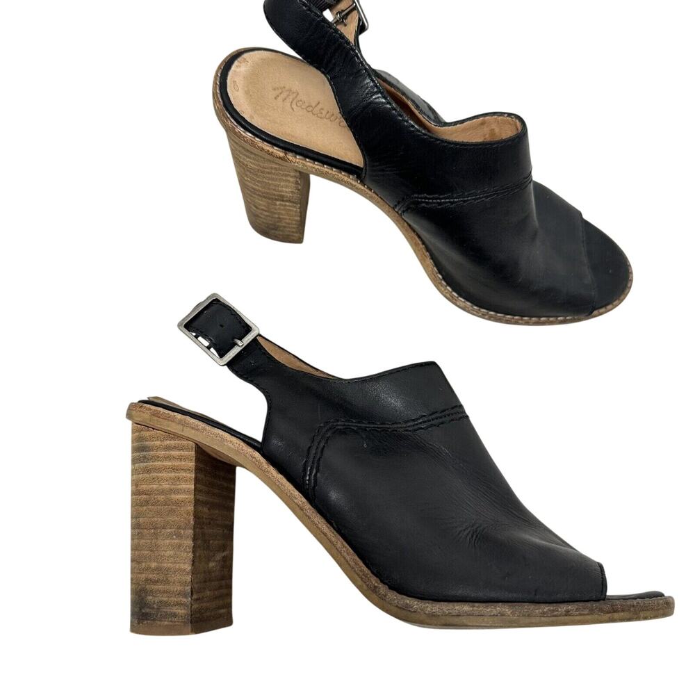 Madewell Black Marie Leather Open Toe Wood Heel Sandals Women Size 10 Slingback
